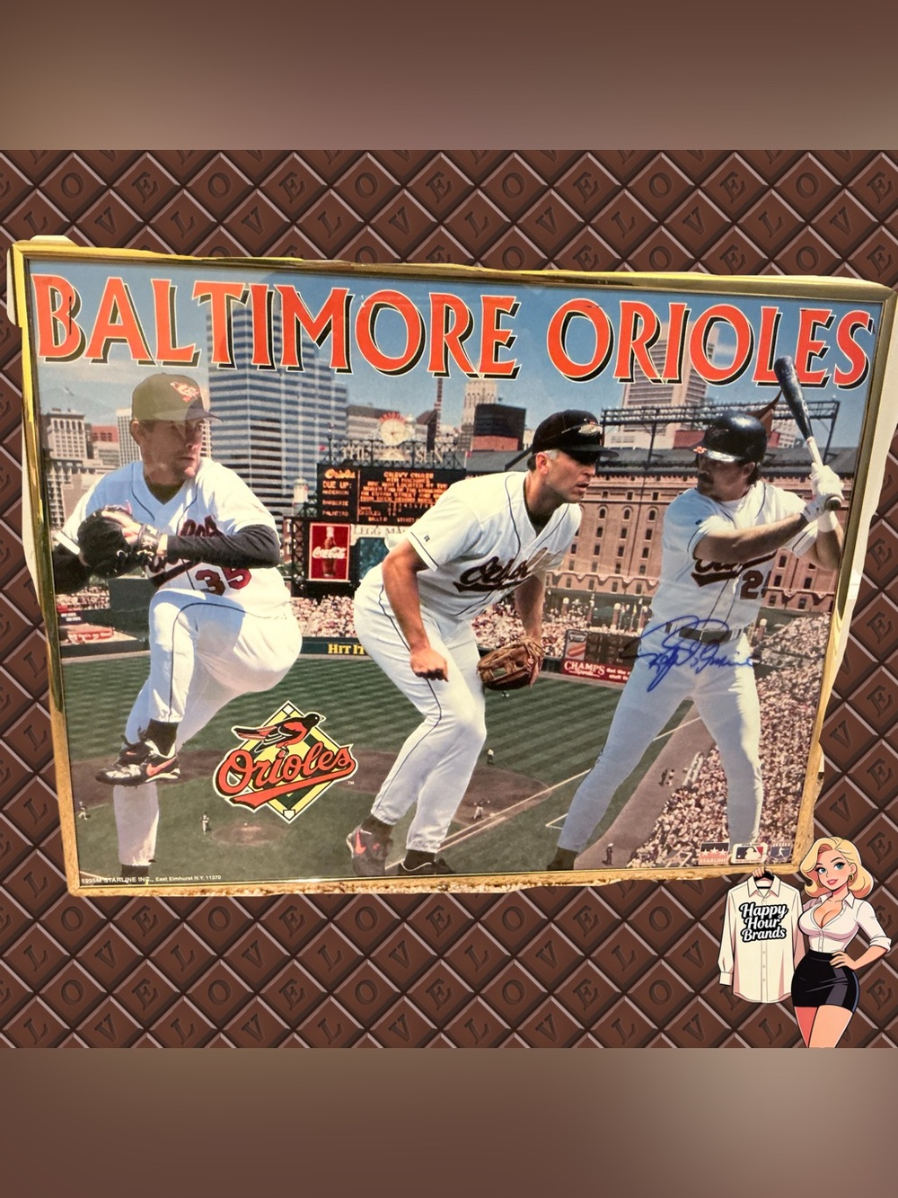 Baltimore Orioles Trio 1995 22x34 POSTER - Framed Signed By Rafael Palmeiro